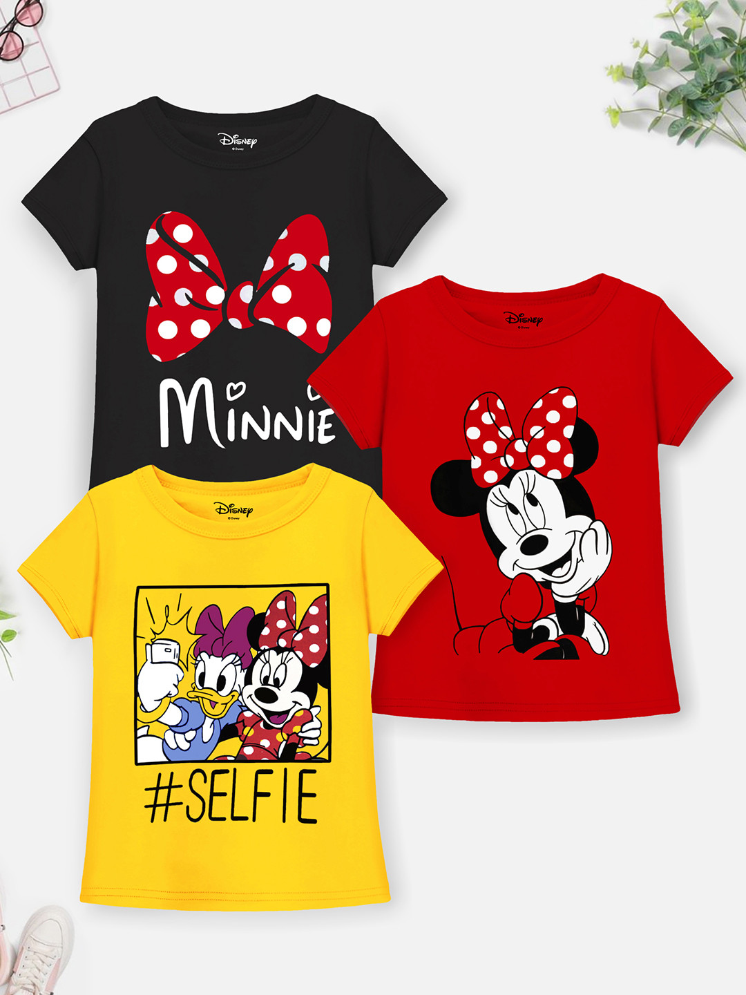 YK Disney Girls Black & Yellow Pack of 3 Minnie Mouse Printed T-shirts