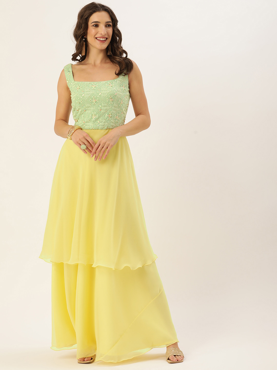 Ethnovog Yellow  Green Embroidered Square Neck Layered Made To Measure Georgette Gown