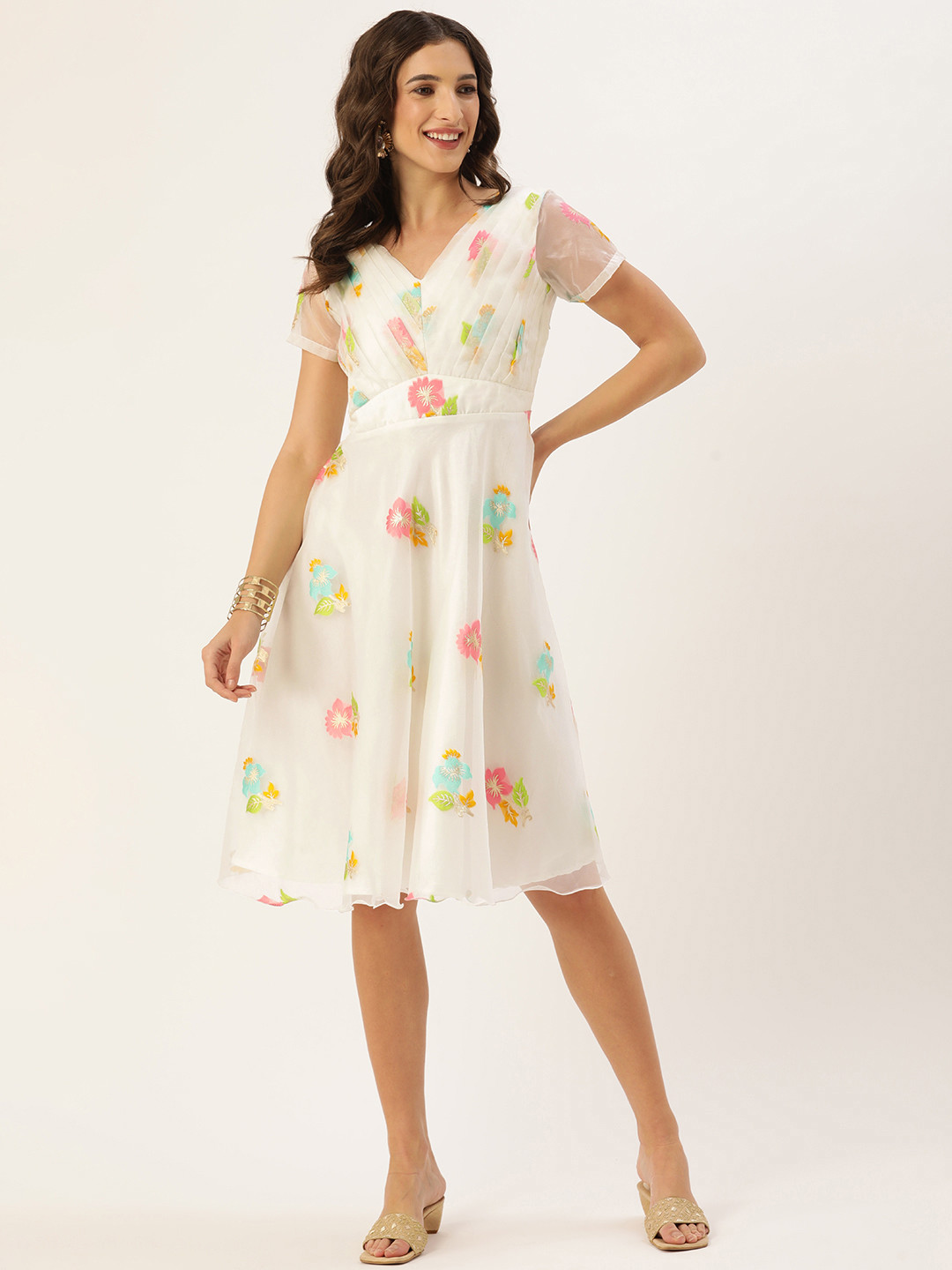 Ethnovog Off White Floral Printed V-Neck Accordian Pleats Made To Measure Empire Dress