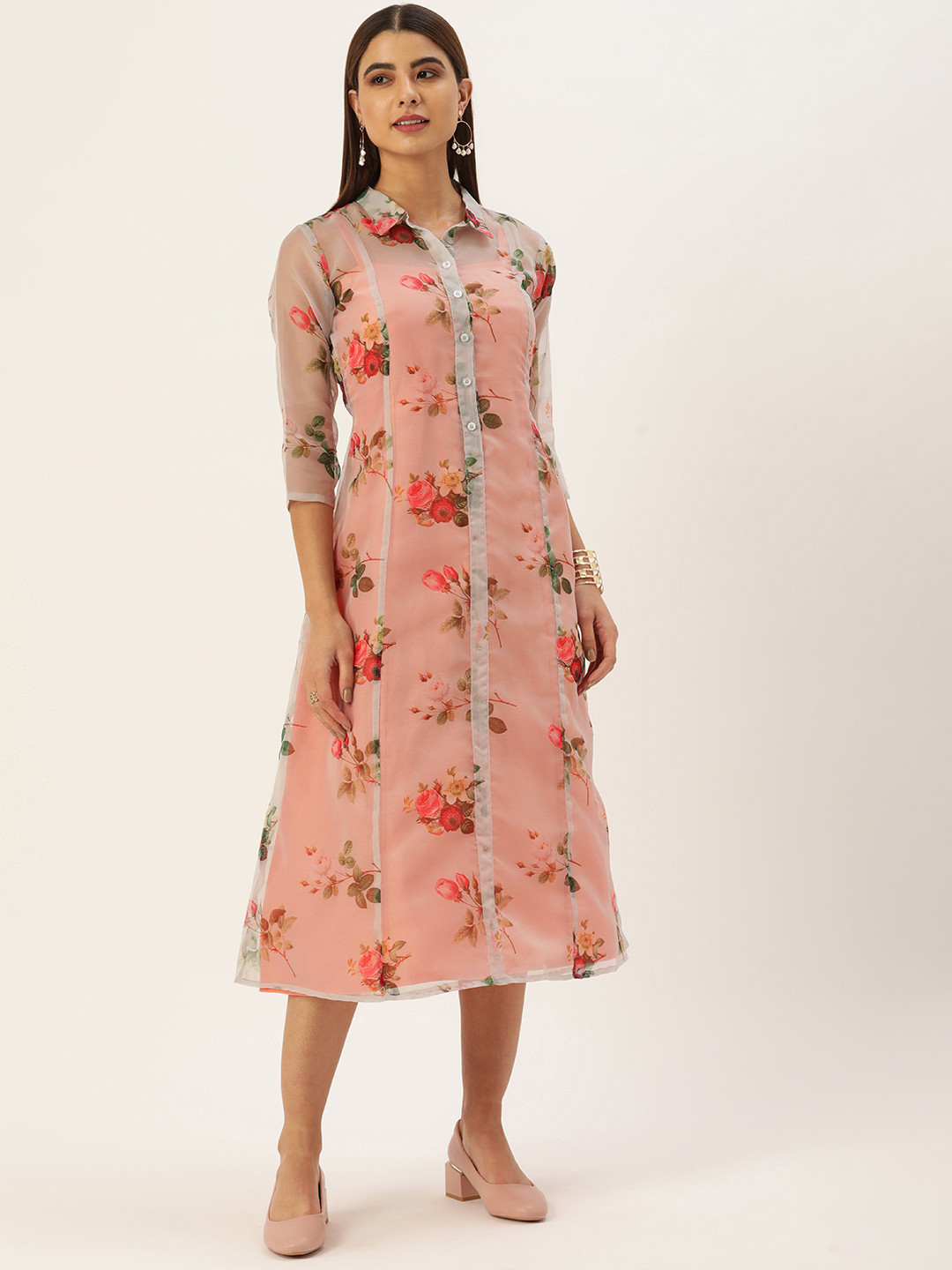 Ethnovog Grey  Peach-Coloured Floral Print Nylon Sheer Made To Measure Shirt Midi Dress