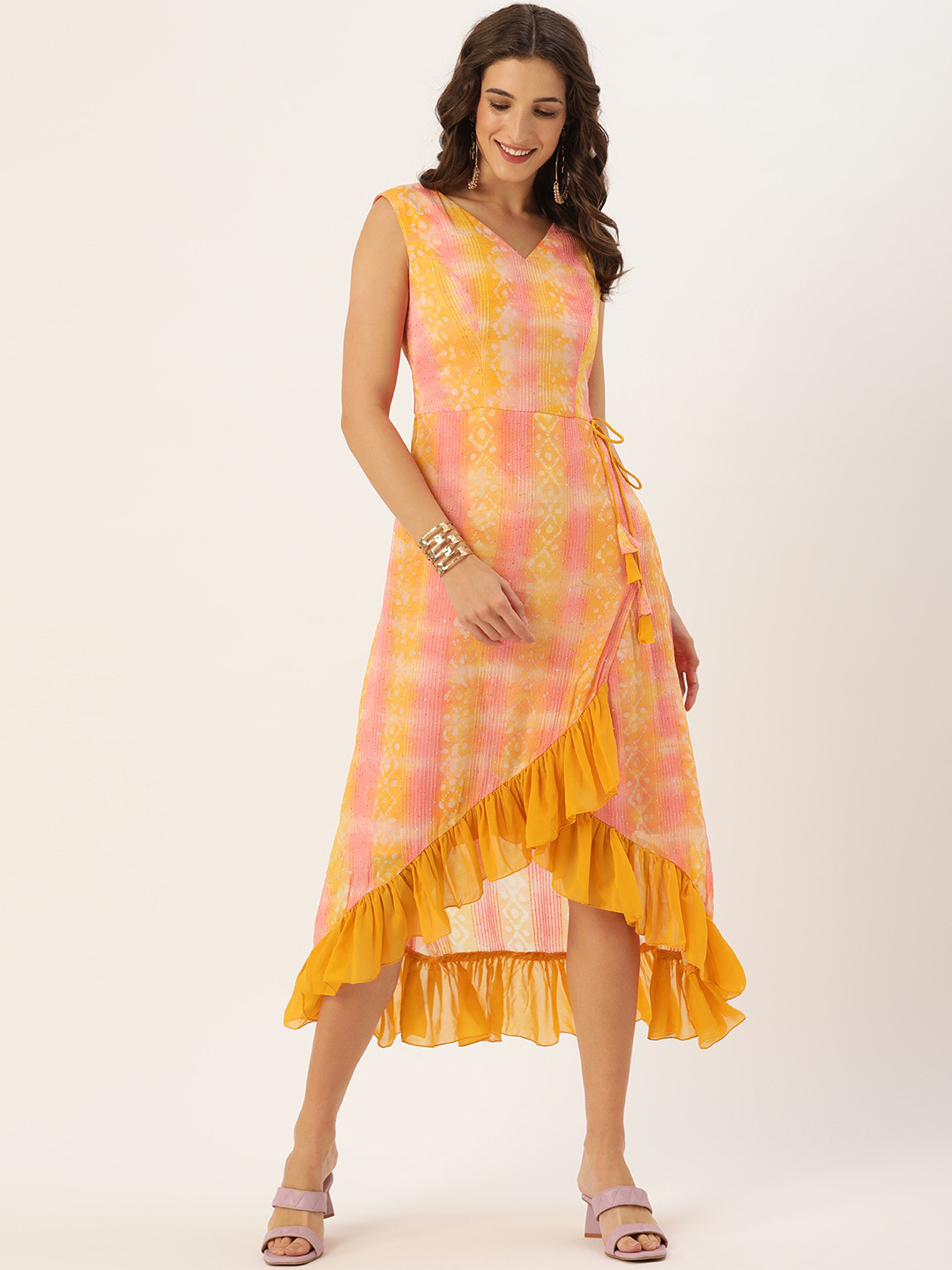 Ethnovog Yellow  Pink Tie and Dye Sequinned Polyester Made To Measure Fit  Flare Dress