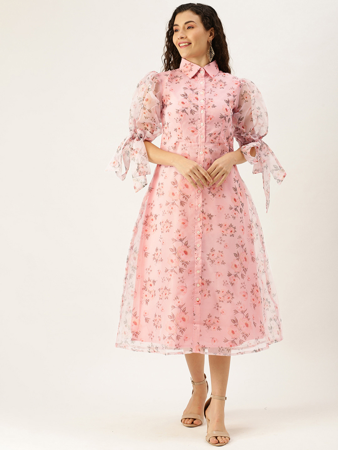 Ethnovog Women Pink Floral Digital Printed Made To Measure Floral Organza Kurta