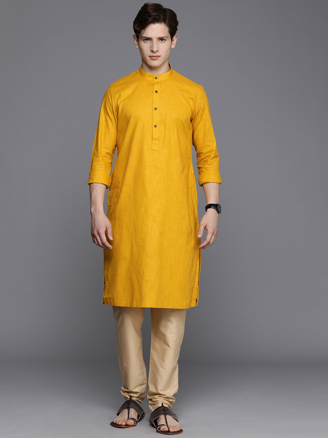 Manyavar Men Yellow Solid Band Collar Regular Sleeves Straight Kurta