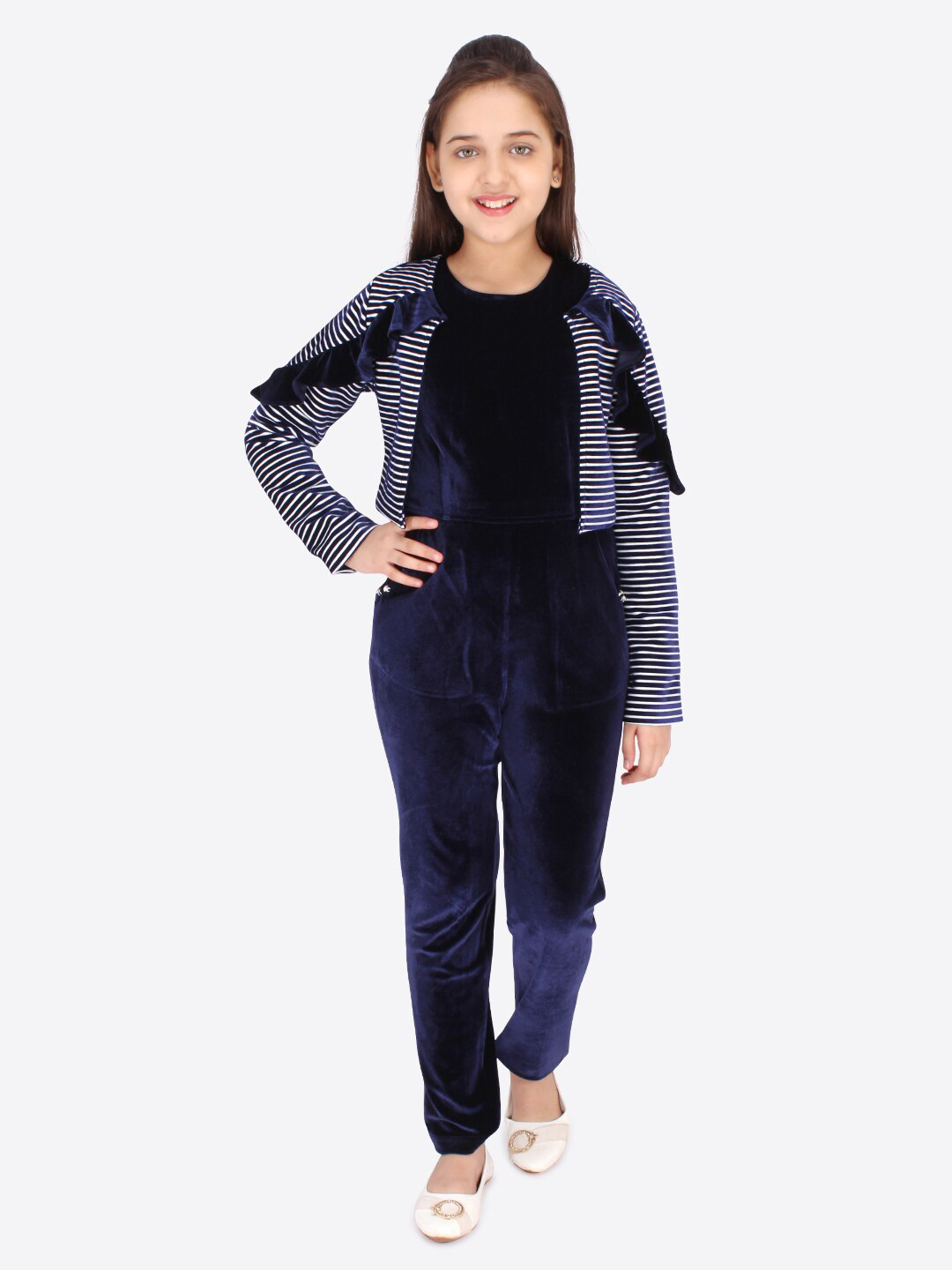 CUTECUMBER Girls Navy Blue & White Culotte Jumpsuit With Striped Short Jacket