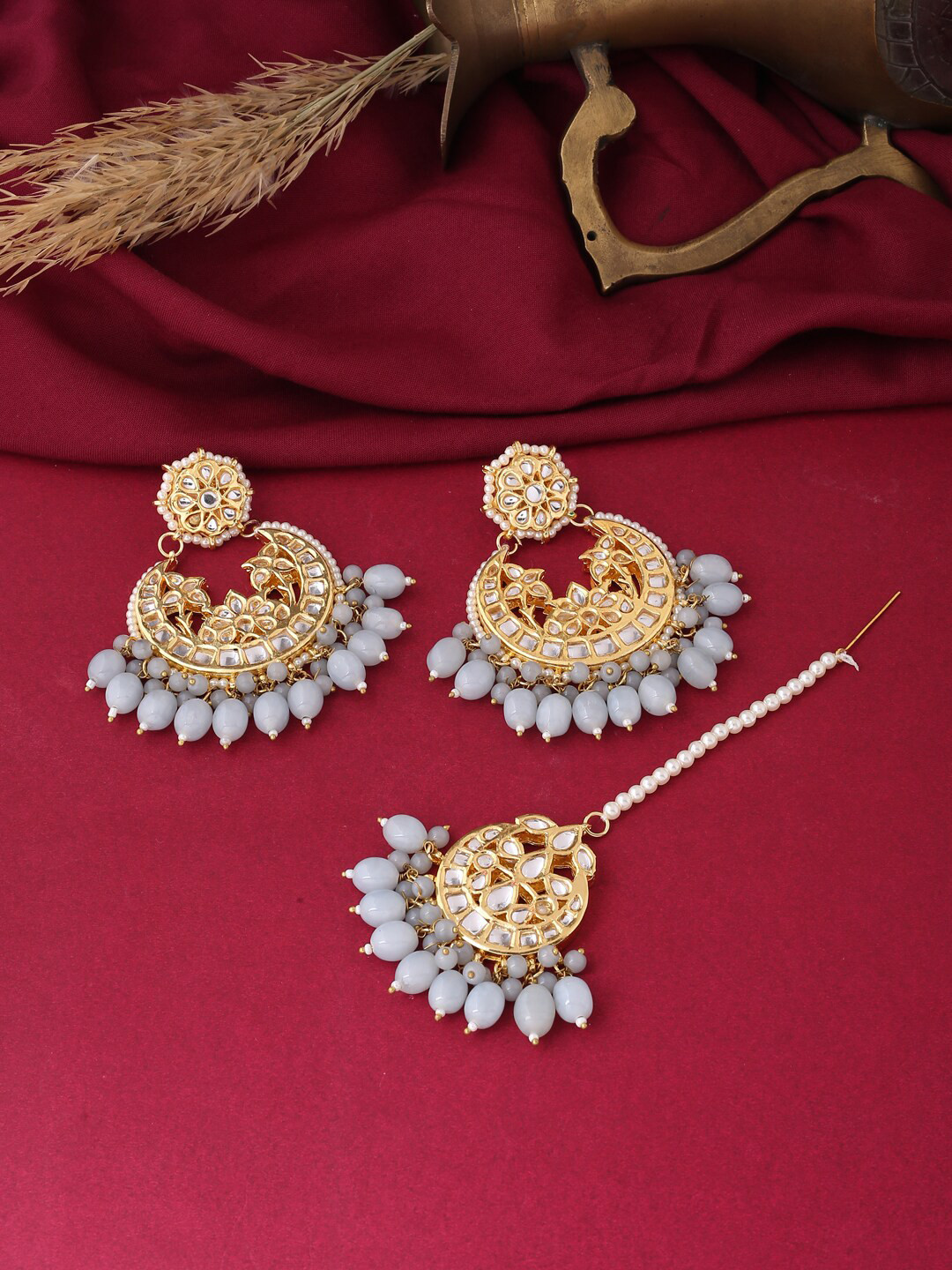 VIRAASI Gold-Plated & White Kundan Pearl Maangtika With Earrings