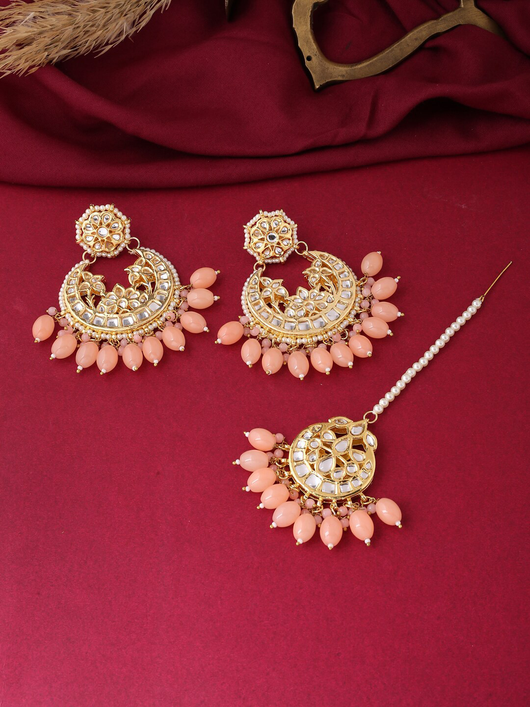 VIRAASI Gold-Plated White & Peach-Coloured Kundan Pearl Maangtika With Earrings