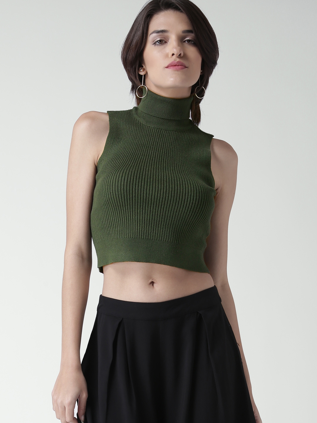 FOREVER 21 Women Olive Green Self-Striped Ribbed Crop Top