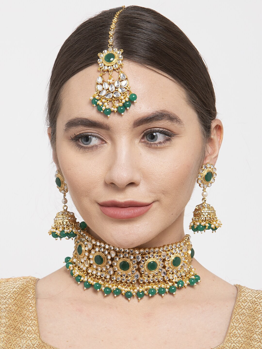 Shining Diva Women Green & Gold-Plated Kundan Stone Studded Jewelry Set