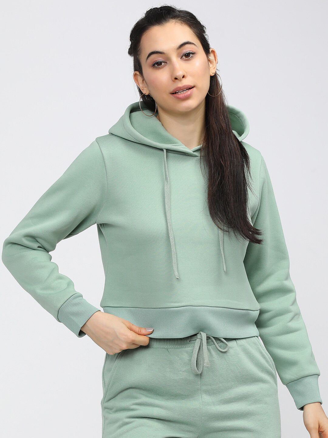 Tokyo Talkies Women Pastel Green Hooded Sweatshirt