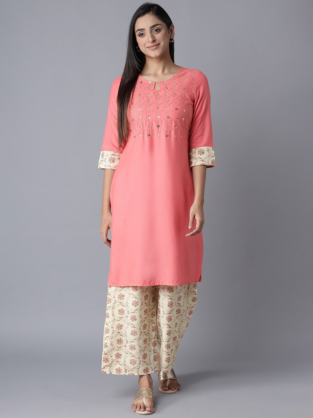 AURELIA Women Pink Ethnic Motifs Regular Sequinned Kurta with Palazzos