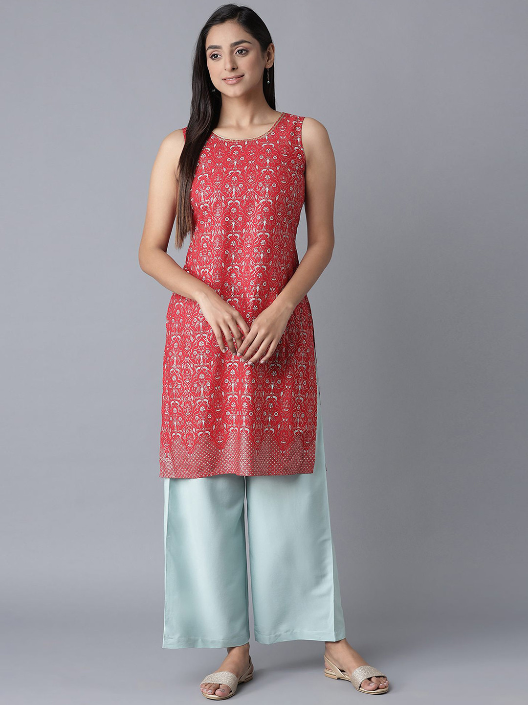 AURELIA Women Red Ethnic Motifs Printed Regular Kurti with Palazzos