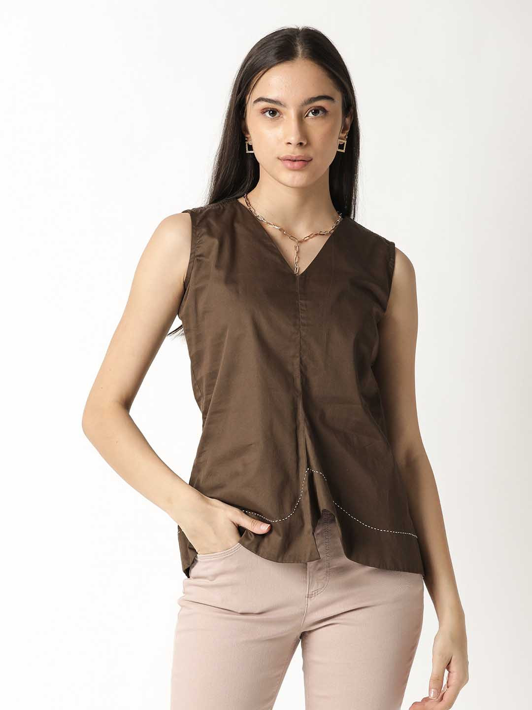 RAREISM Brown Pure Cotton A-Line Top