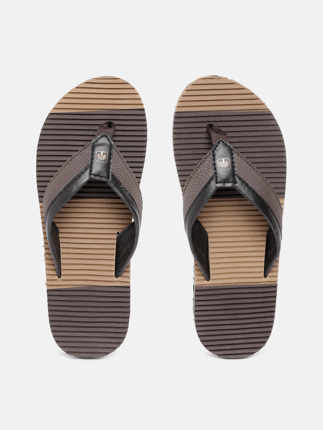 Woodland Men Coffee Brown & Beige Striped Thong Flip-Flops