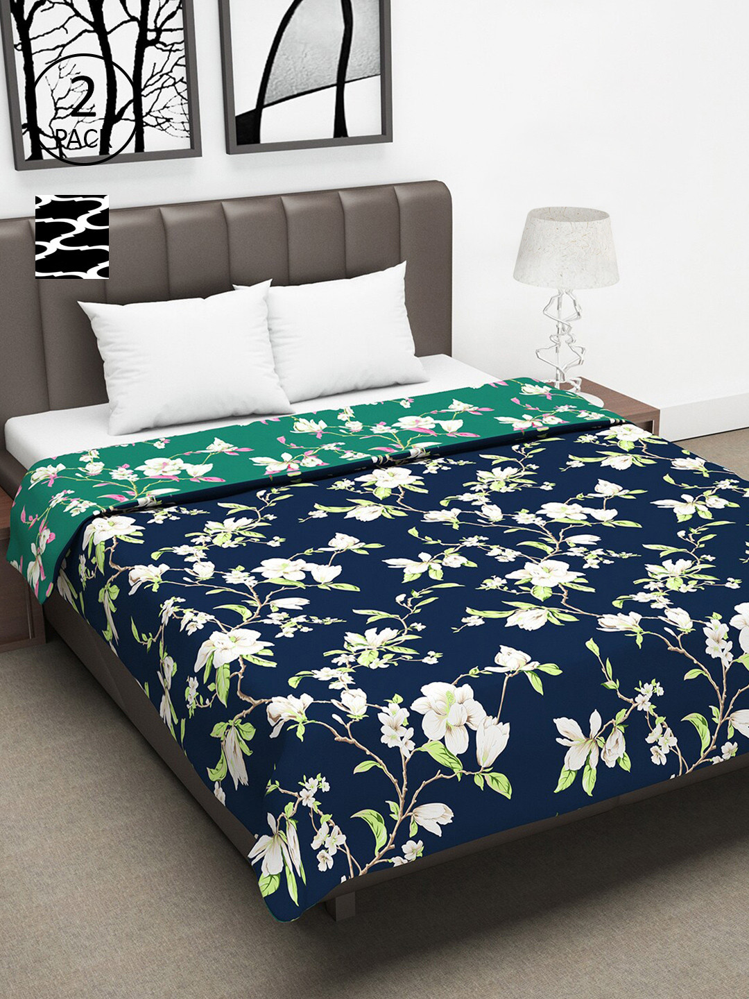 Divine Casa Navy Blue & Green Set of 2 Floral Mild Winter 120 GSM Double Bed Dohar