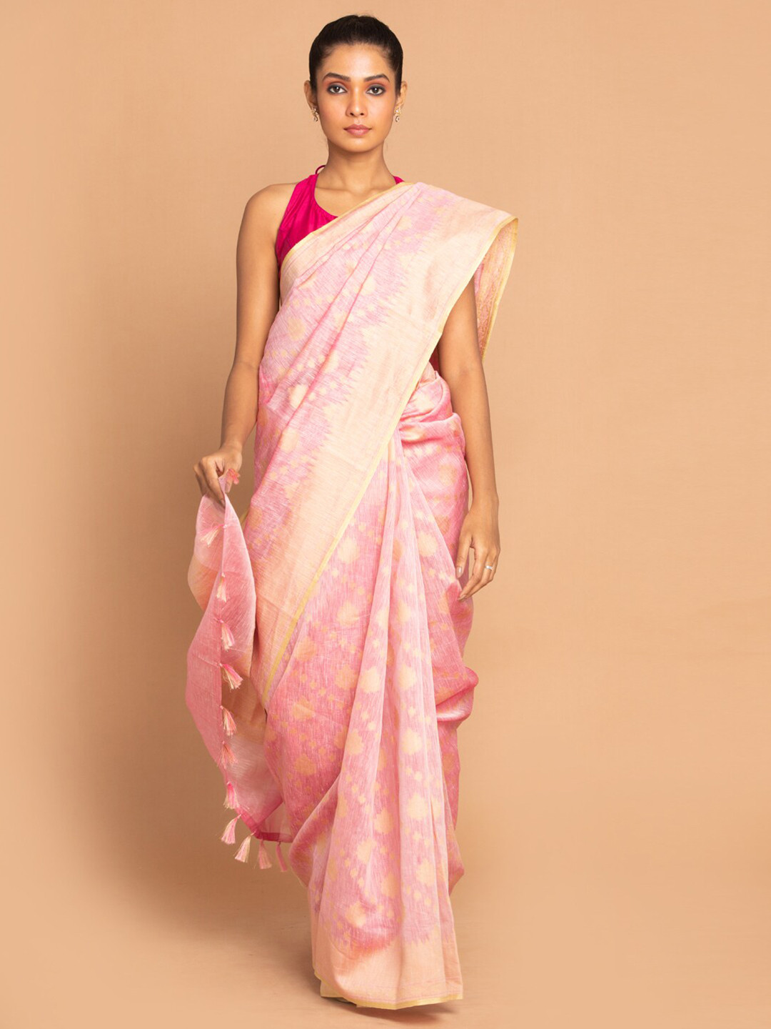 Indethnic Magenta & Cream-Coloured Ethnic Motifs Linen Blend Banarasi Saree
