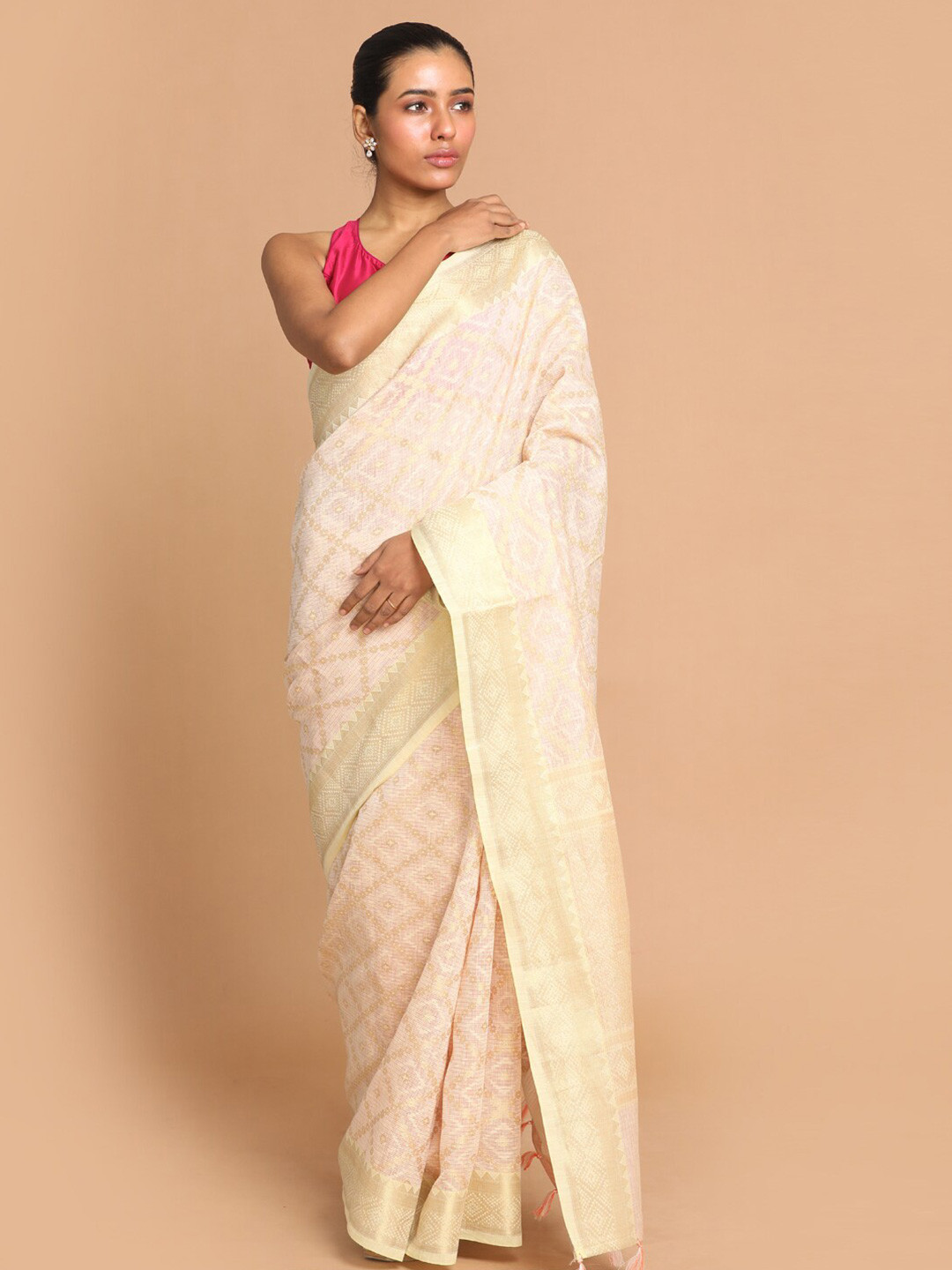 Indethnic Gold-Toned & Off White Ethnic Motifs Linen Blend Banarasi Saree