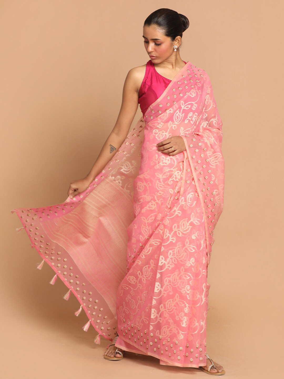 Indethnic Pink & White Woven Design Embroidered Banarasi Saree