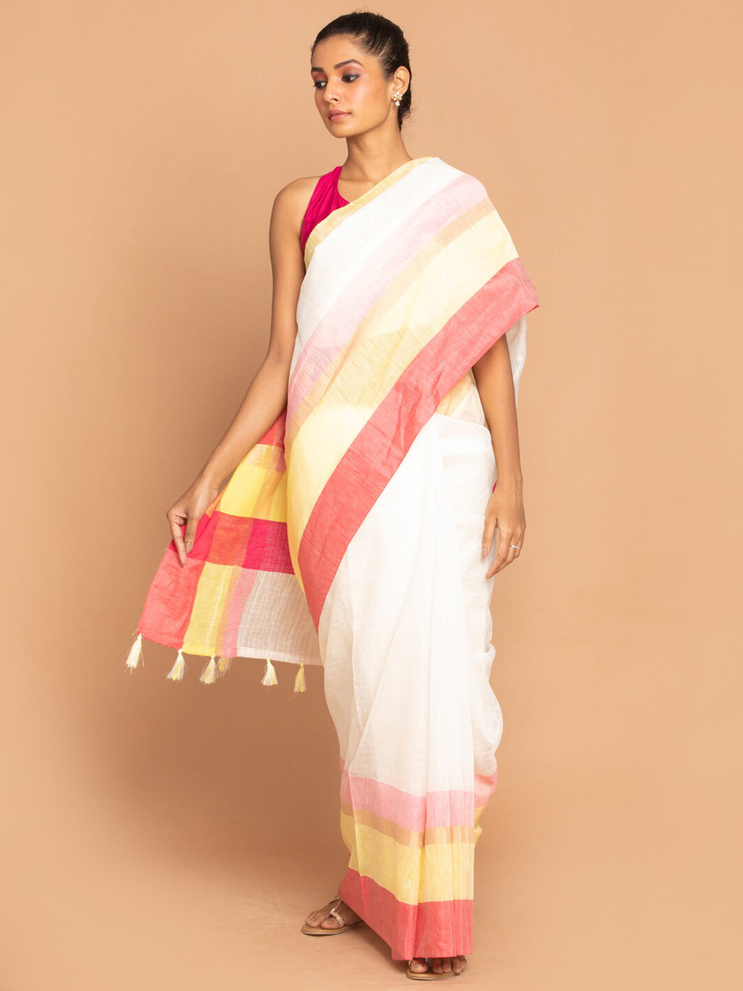 Indethnic White & Magenta Linen Blend Banarasi Saree