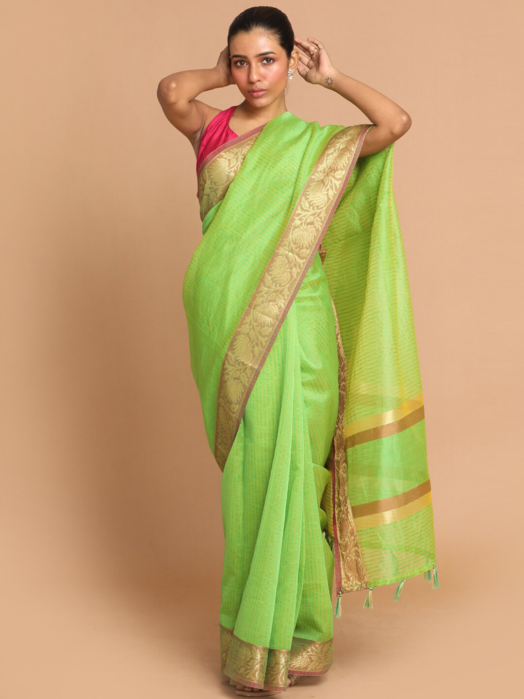 Indethnic Green & Gold-Coloured Striped Zari Linen Blend Banarasi Saree