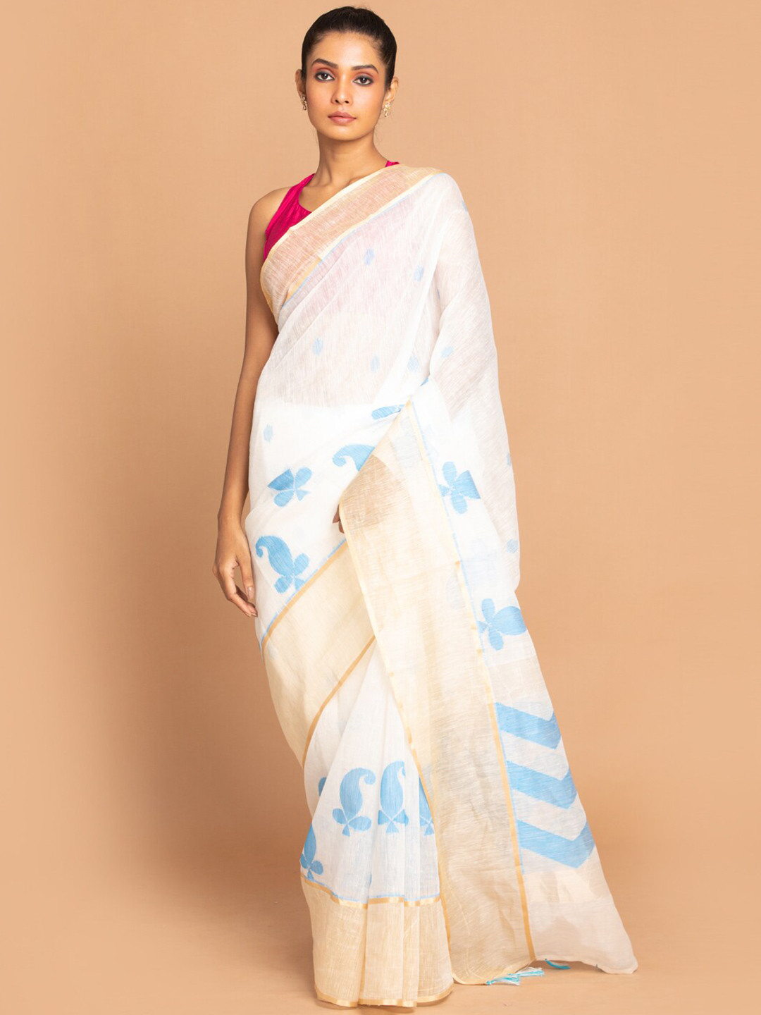 Indethnic Blue Paisley Linen Blend Banarasi Saree