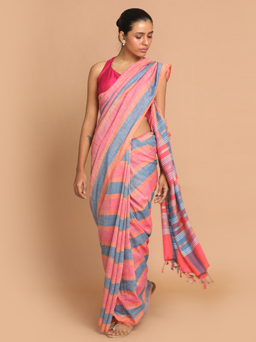 Indethnic Pink & Blue Striped Linen Blend Saree