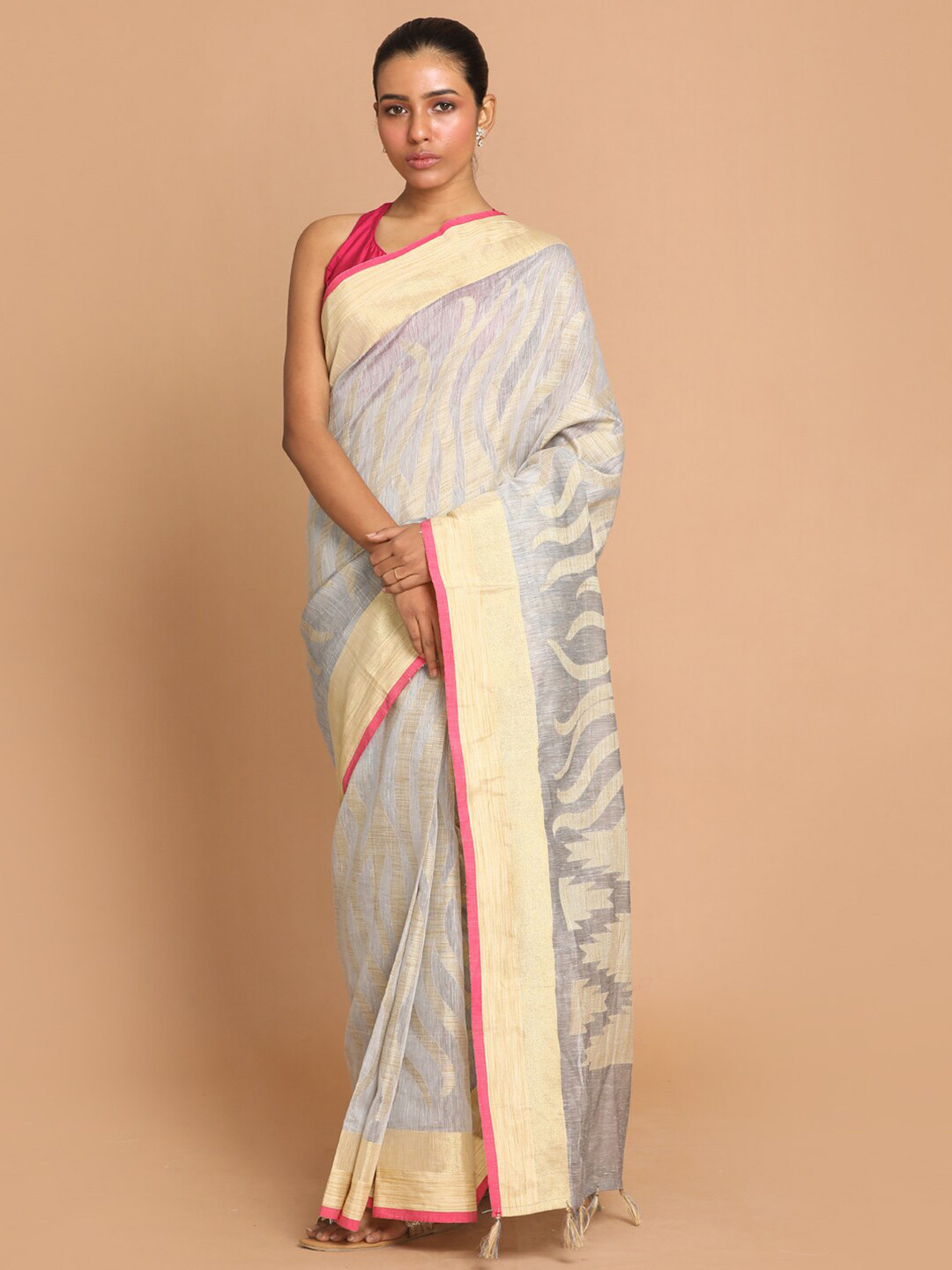 Indethnic Grey & Cream-Coloured Woven Design Linen Blend Banarasi Saree