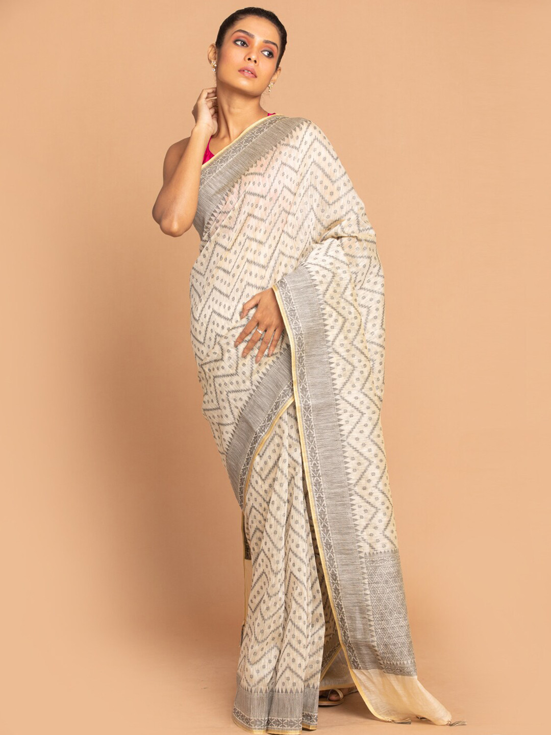 Indethnic Black & Off White Linen Blend Banarasi Saree