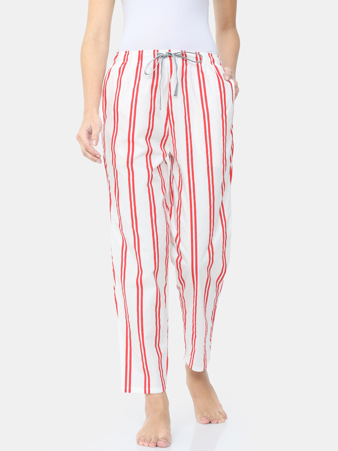Bareblow Women White & Red Striped Cotton Lounge Pants