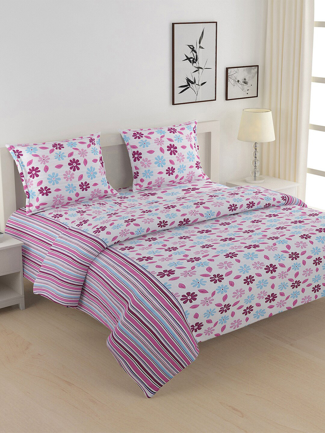 SWAYAM Unisex Brown & Pink 4 Pc Printed Bedding Set