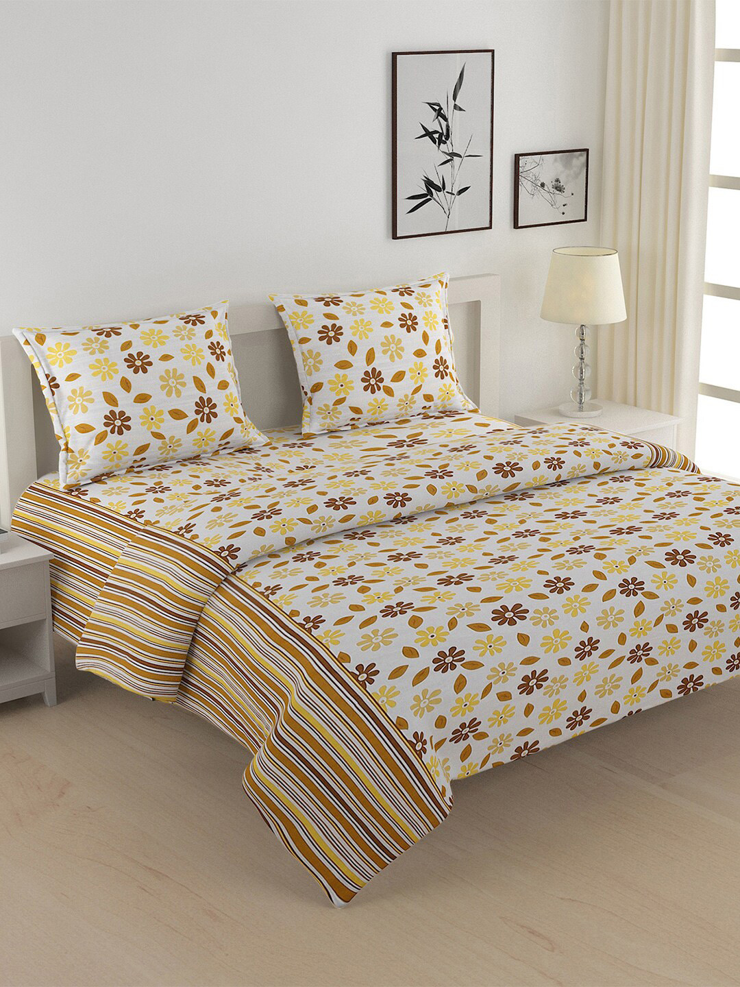 SWAYAM White & Yellow Floral Printed Cotton Superfine Double King Bedding Set