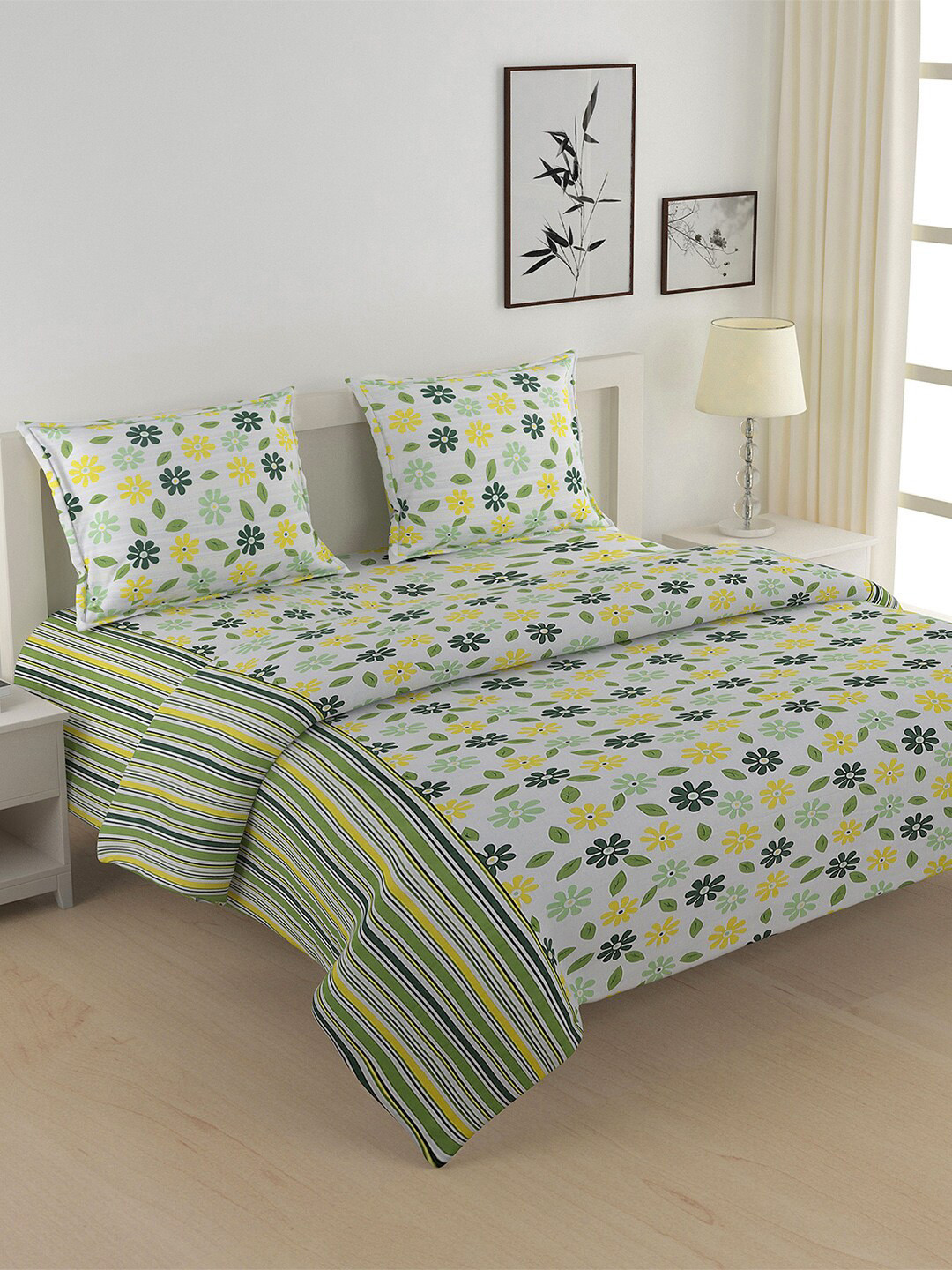 SWAYAM Green & Yellow 4 Pc Floral Printed Double Queen Bedding Set