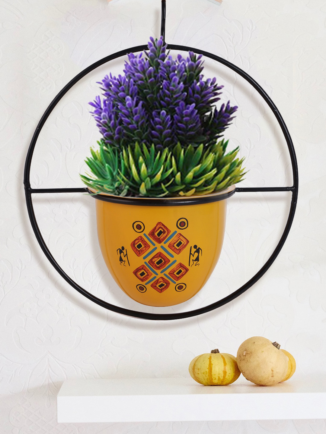 Aapno Rajasthan Yellow & Blue Circular Hanging Metal Planter