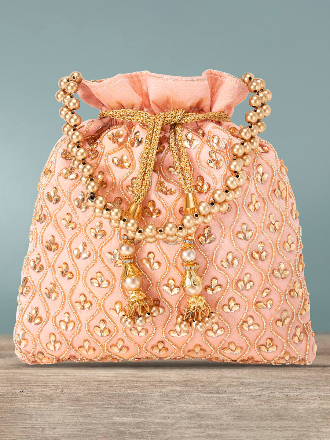 Peora Peach-Coloured Embroidered Potli Clutch