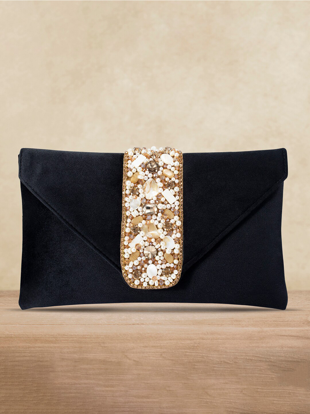 Peora Black & Gold-Toned Embellished Envelope Clutch