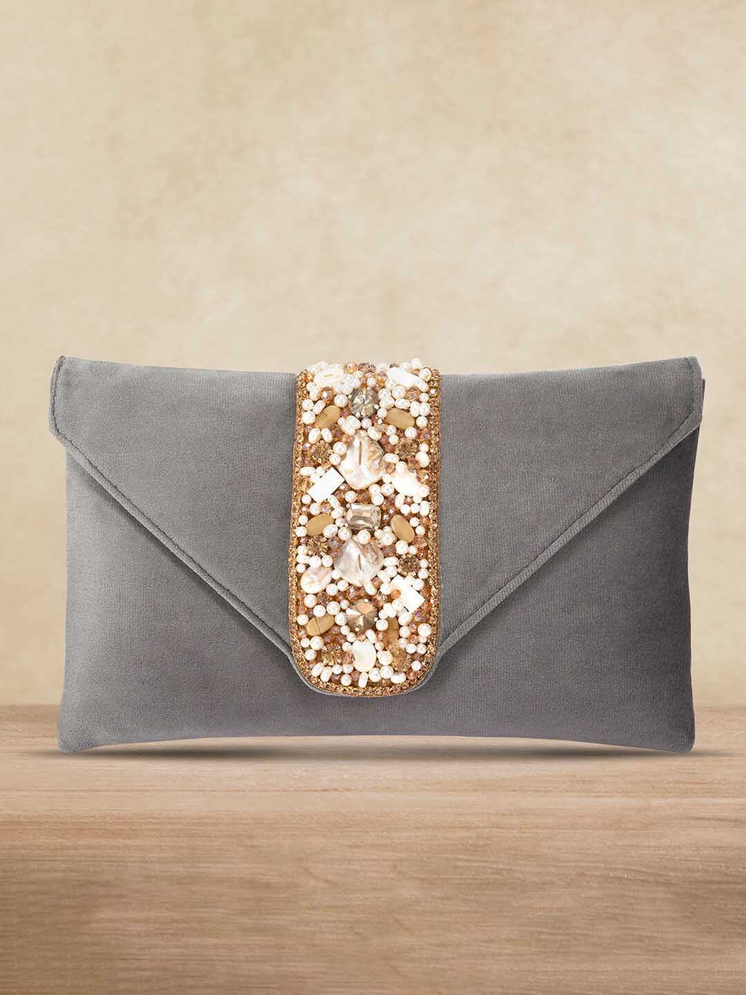 Peora Grey & Gold-Toned Embellished Purse Clutch