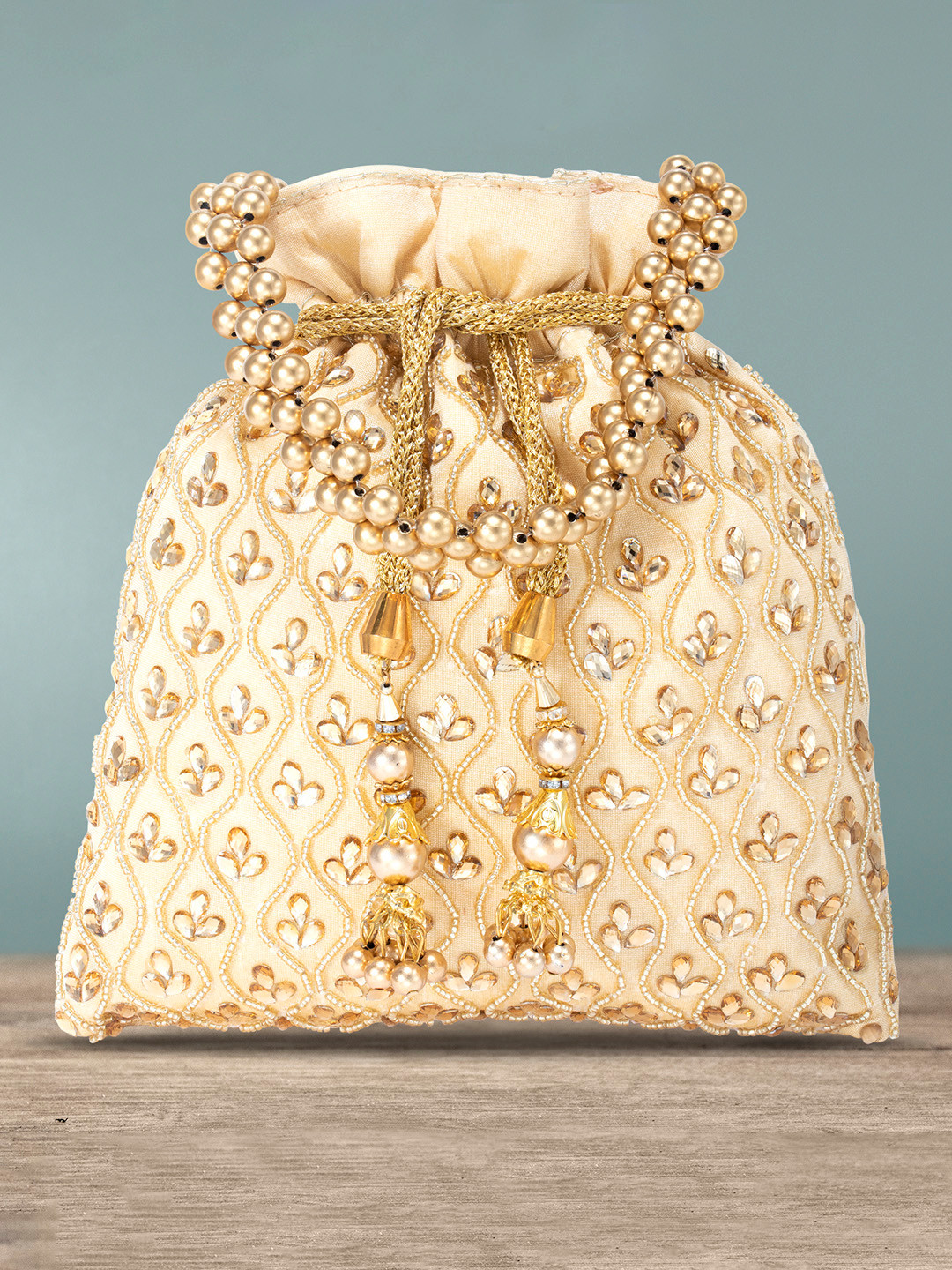 Peora Cream-Coloured & Gold-Toned Embellished Potli Clutch