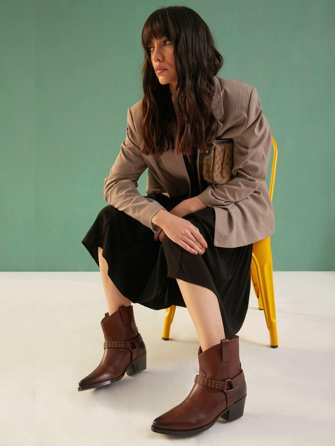 Saint G Maroon Metal Studded Teak Leather Ankle Boots