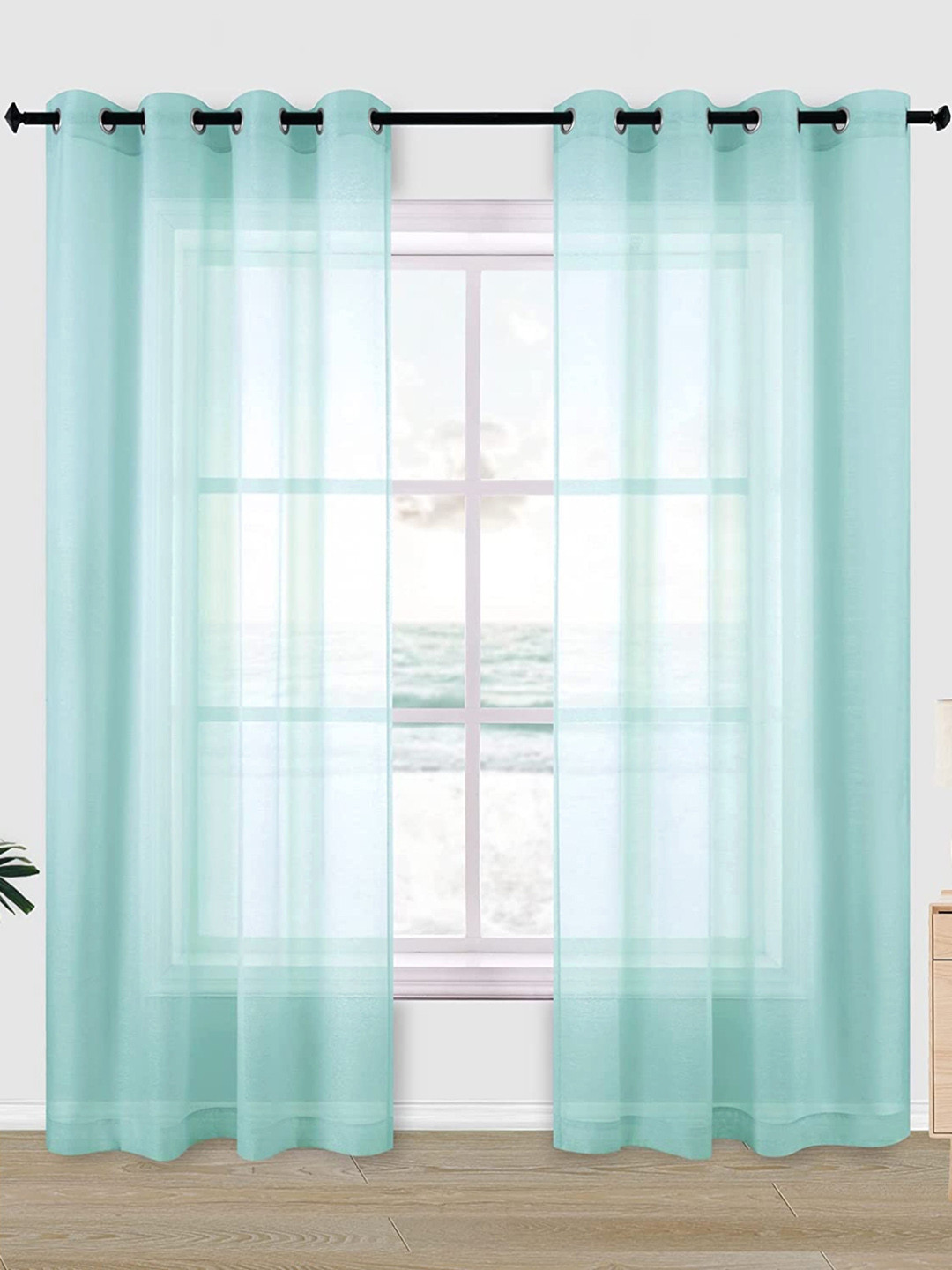 URBAN SPACE Turquoise Blue Set of 2 Sheer Door Curtains