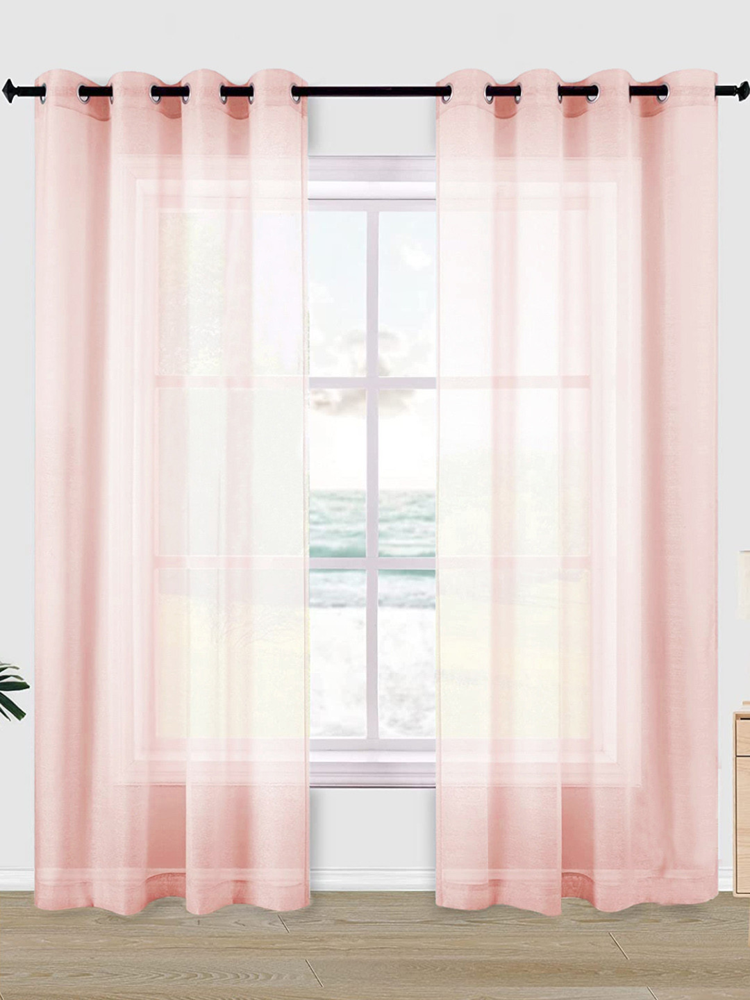 URBAN SPACE Set Of 2 Pink Solid Sheer Long Door Curtains