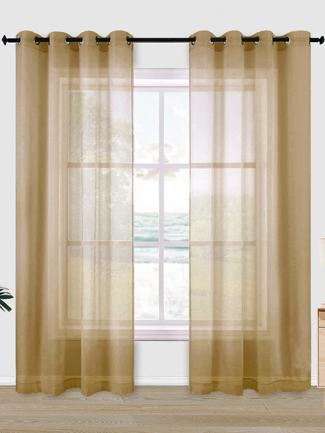 URBAN SPACE Set Of 2 Brown Solid Sheer Door Curtains
