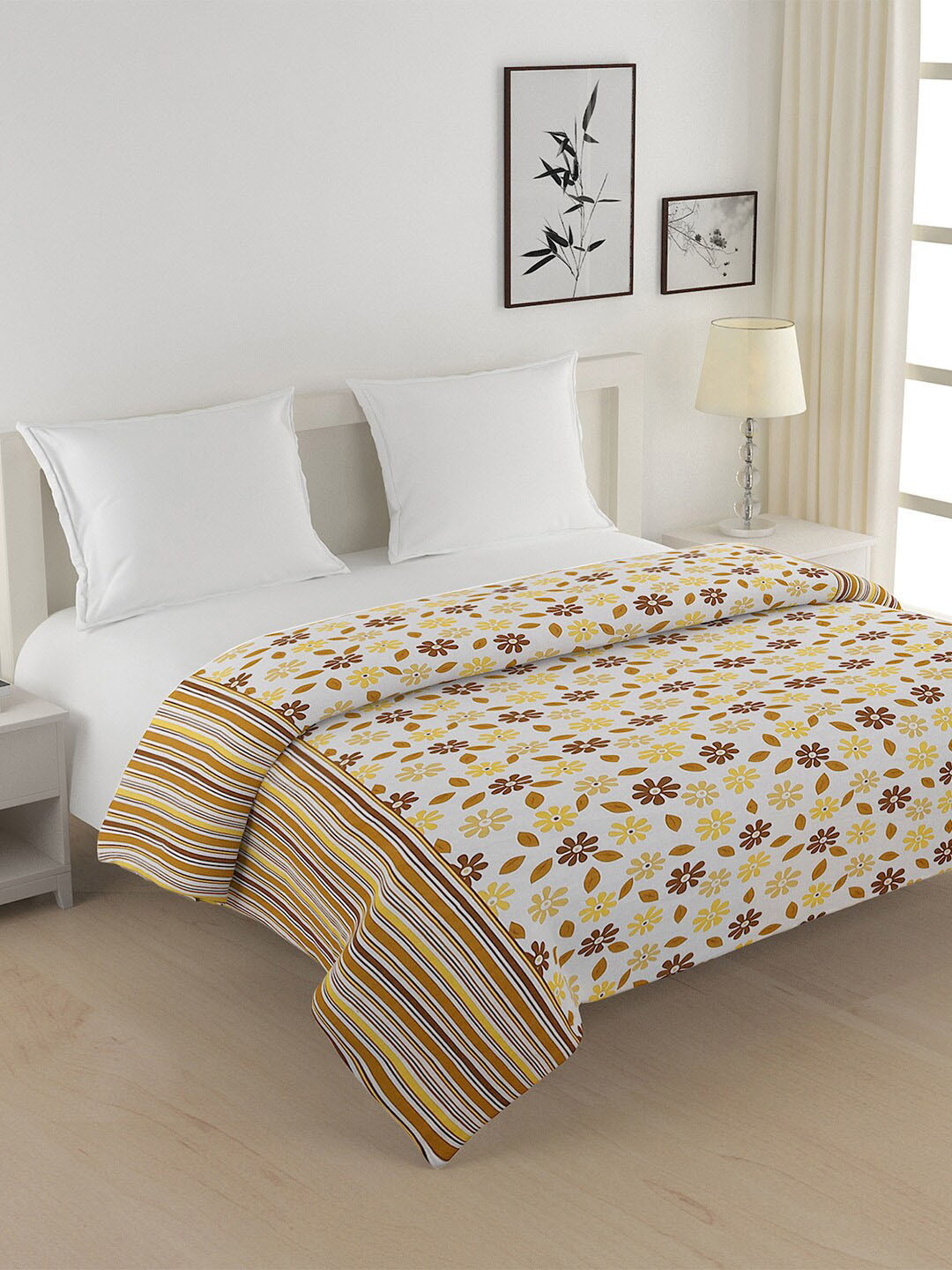 SWAYAM Yellow & Brown Floral Cotton Heavy Winter 350 GSM Double Bed Quilt