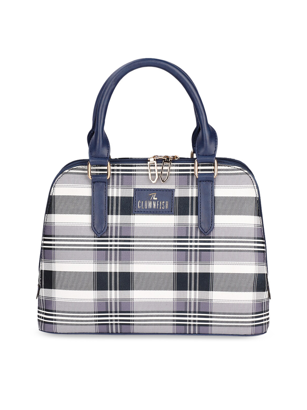 THE CLOWNFISH Andrea Navy Blue Checked Leather Structured Handheld Bag