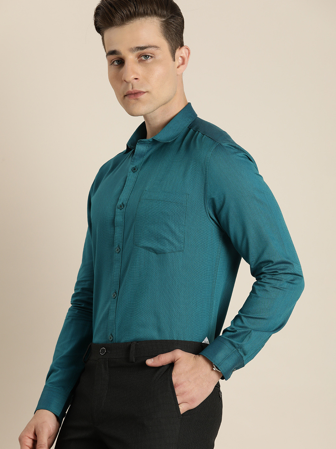 INVICTUS Men Teal Blue Slim Fit Textured Opaque Self Design Formal Shirt with Chest Pocket
