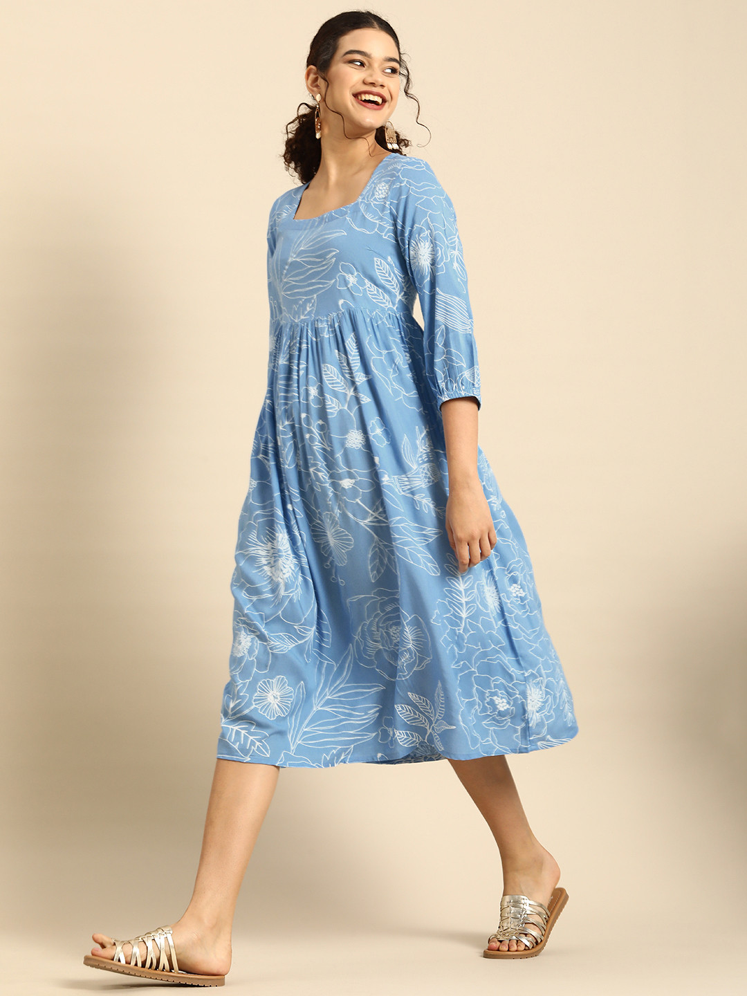 Anouk Blue & White Floral Square neck Fit N Flare Dress