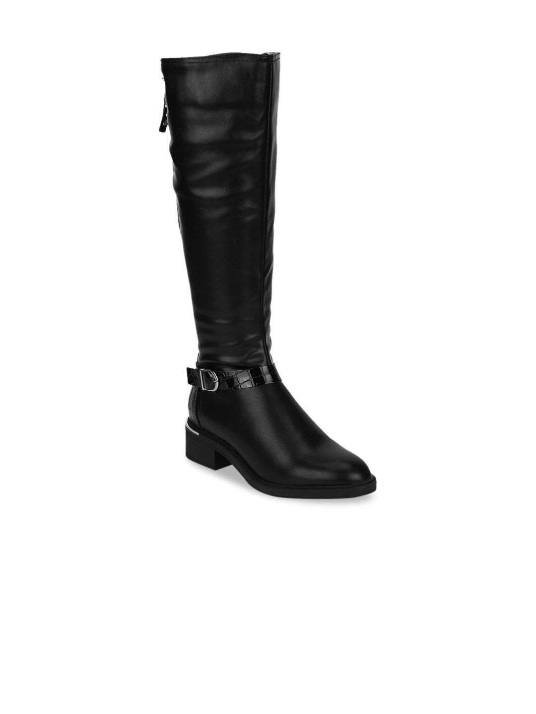 Truffle Collection Black Solid Block Heeled Boots with Buckles