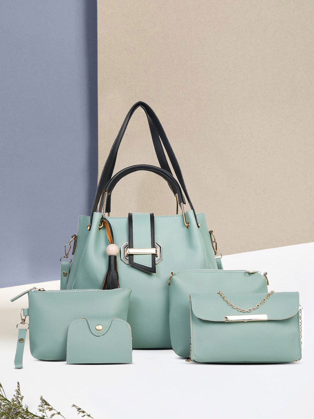 FARGO Set Of 5 Sea Green Structured Handheld Bag