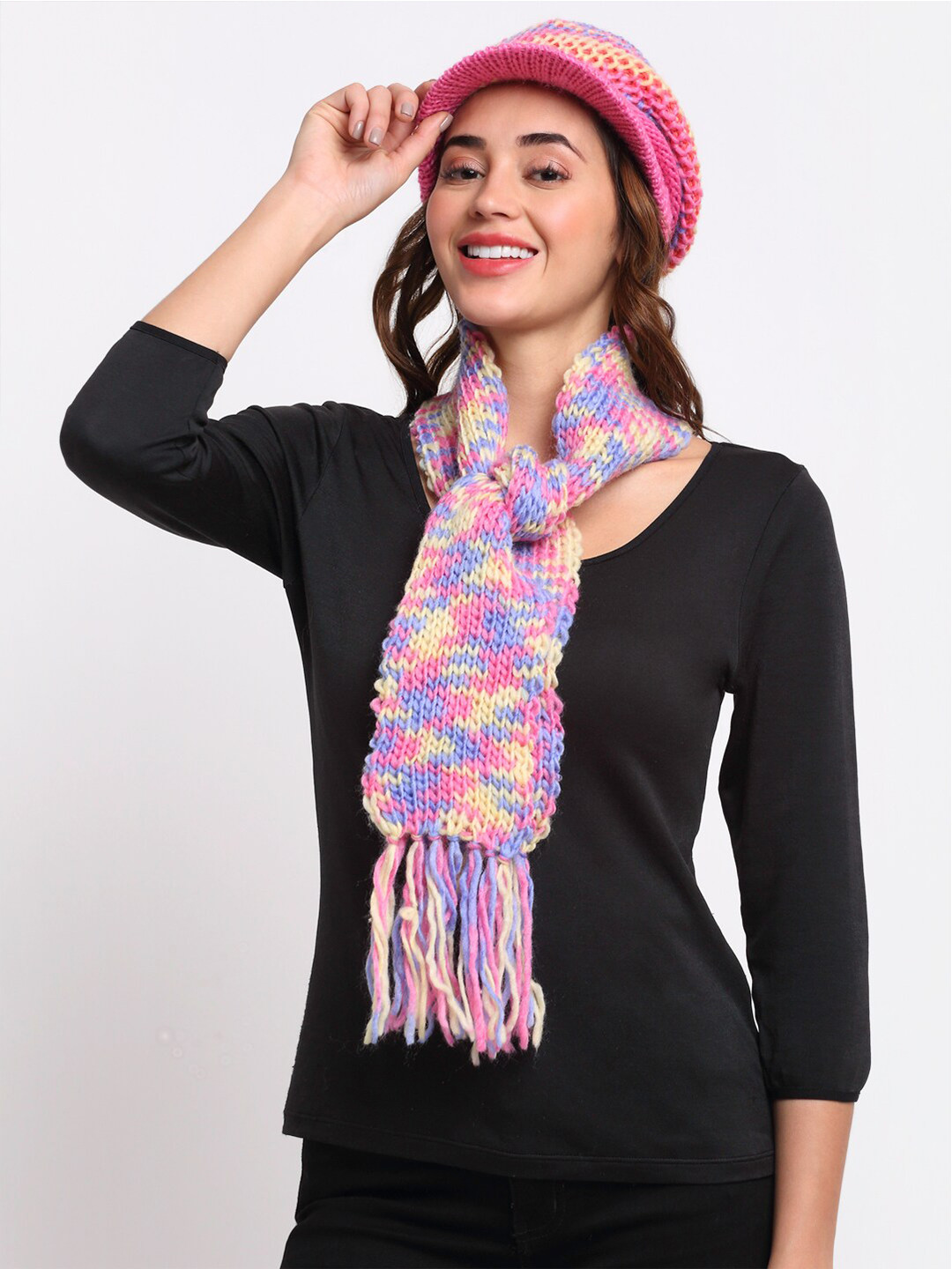 LOOM LEGACY Women Pink & Blue Self Design Acrylic Wool Winter Cap With Muffler