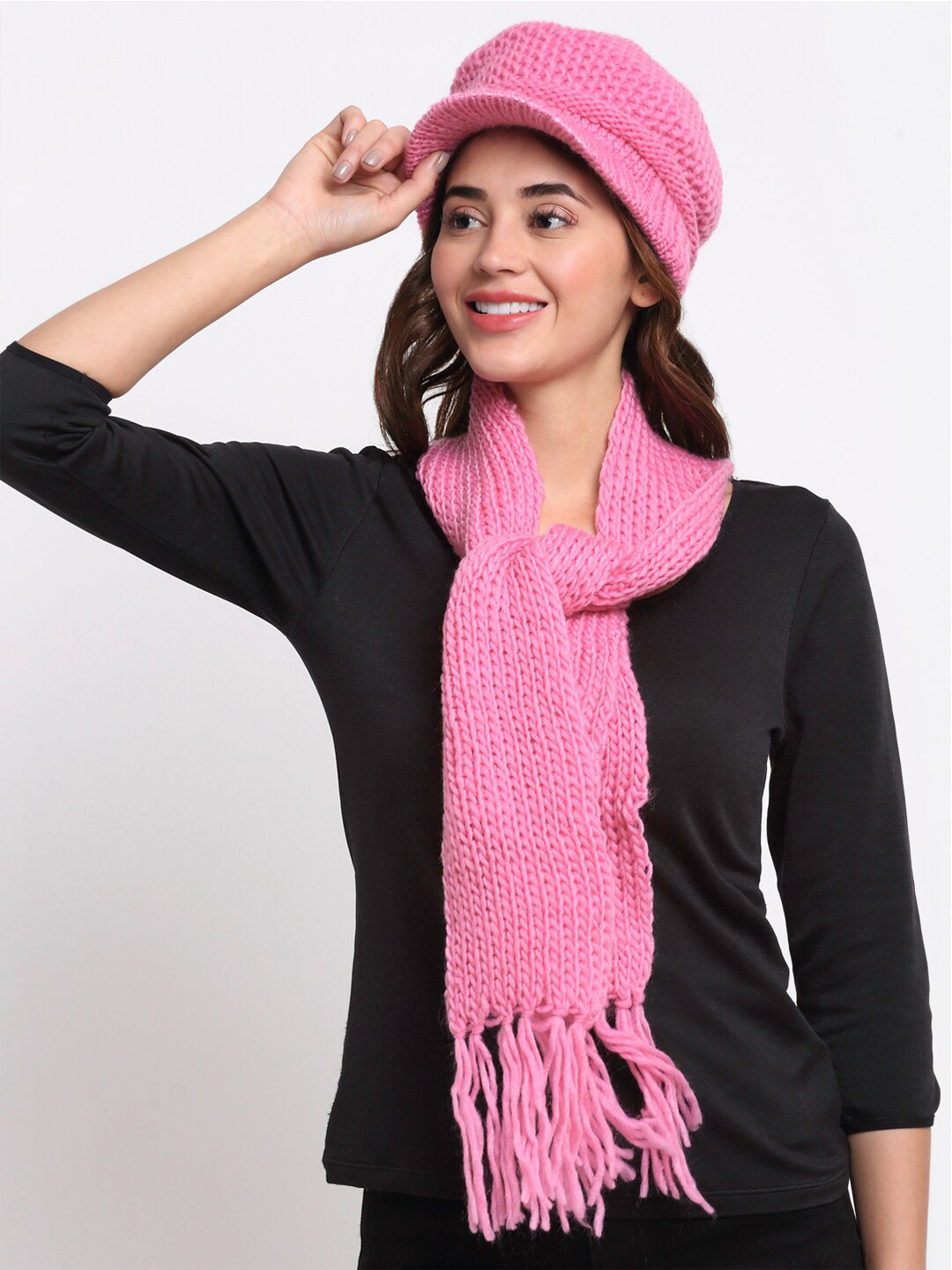 LOOM LEGACY Women Pink Self Design Acrylic Ascot Cap with Muffer