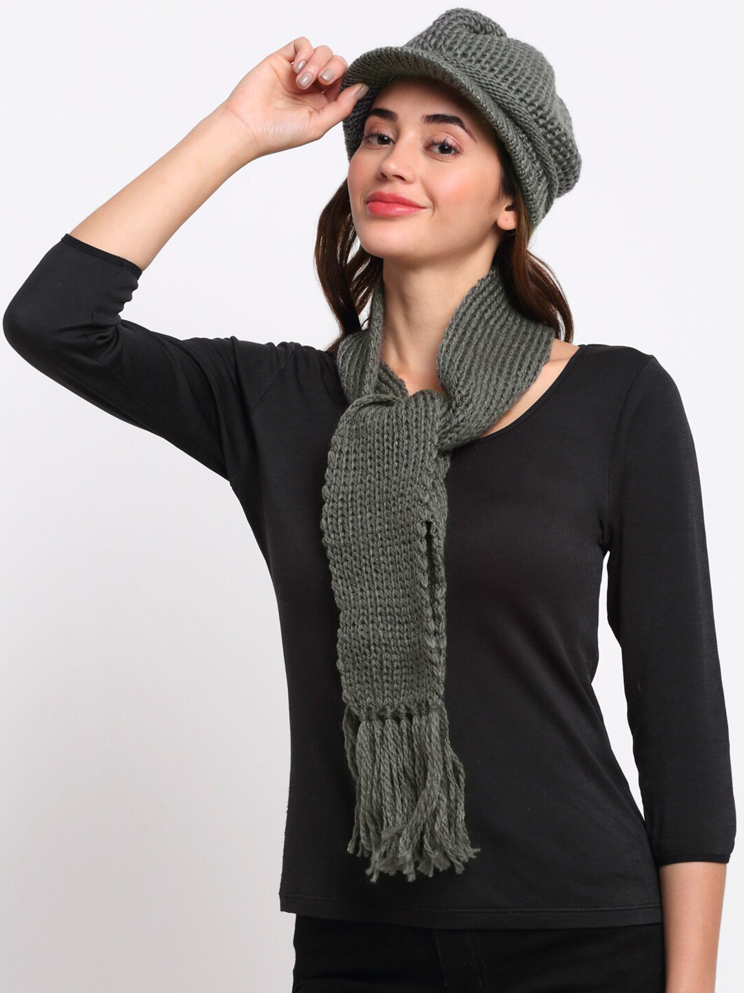 LOOM LEGACY Women Grey Self Design Acrylic Wool Winter Cap With Muffler