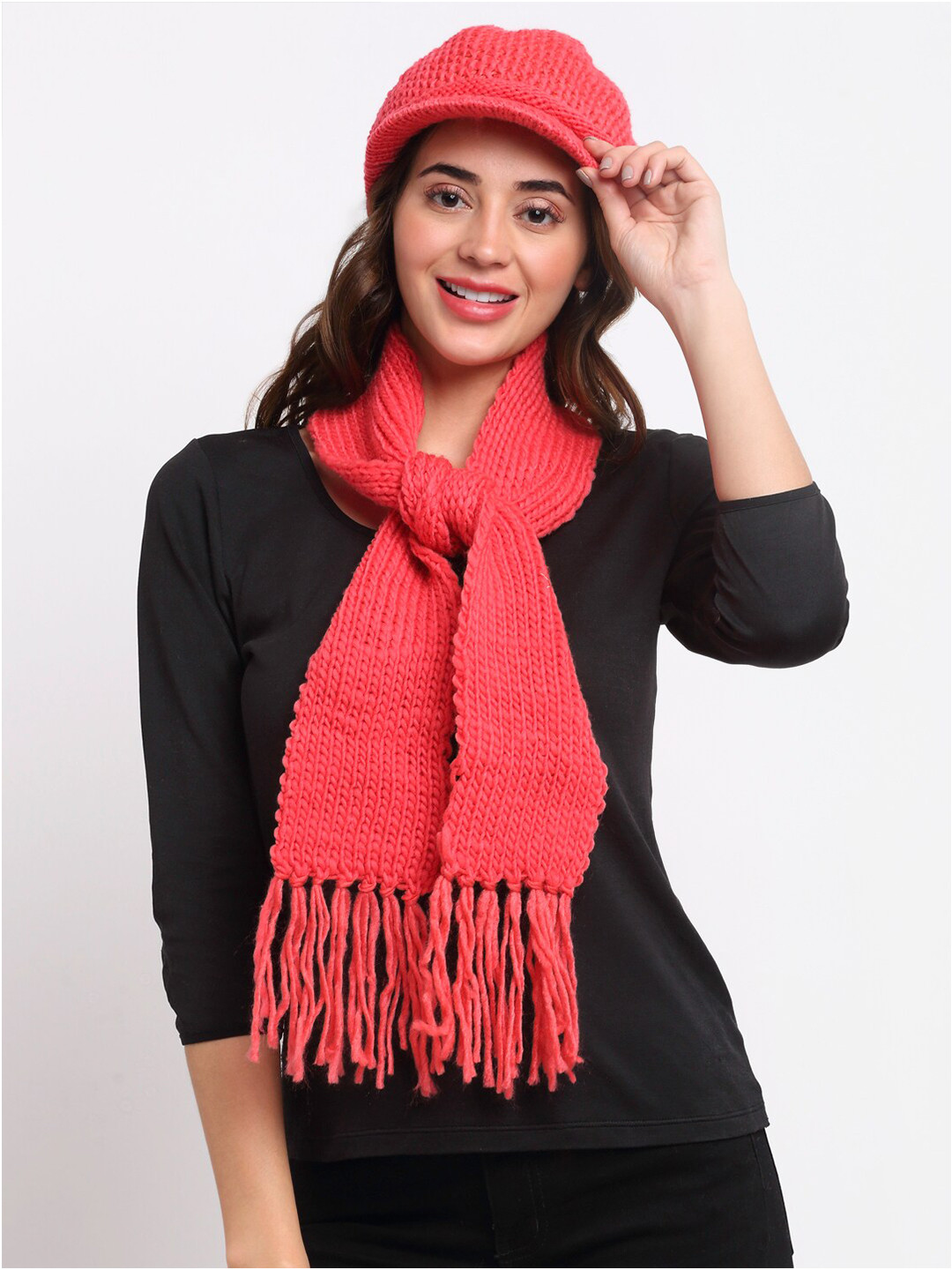 LOOM LEGACY Women Orange Acrylic Wool Winter Cap With Muffler